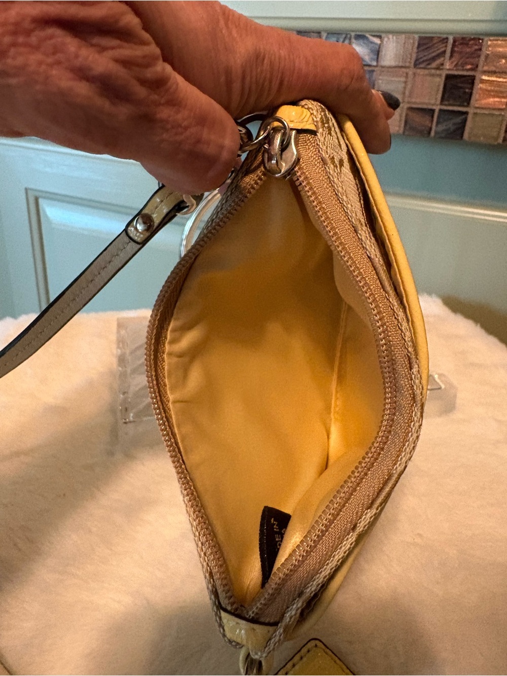 Coach Beige Signature Canvas Wristlet with Yellow Trim and Strap - Picture 5 of 5